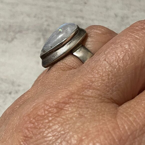 Genuine Pear Shape Moonstone Bezel Set Wide 925 Sterling Silver Band Ring 6.75 - Picture 4 of 10